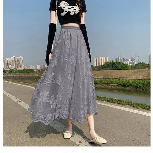 Load image into Gallery viewer, Spring Summer French Retro Solid Lace Slim Irregular Long Skirt Women High Waist Elegant Party Pleated Skirt Fashion Streetwear
