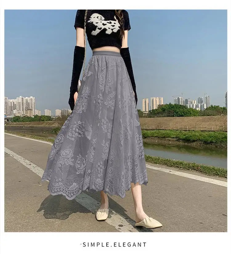 Spring Summer French Retro Solid Lace Slim Irregular Long Skirt Women High Waist Elegant Party Pleated Skirt Fashion Streetwear