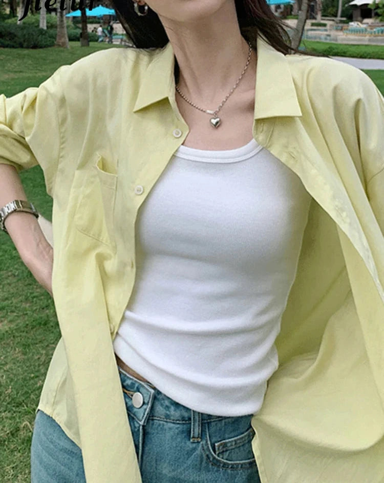 Chic Yellow Basic Office Ladies Shirts Solid Color Loose Single Breasted Drop Sleeves Women's Shirts Simple Streetwear