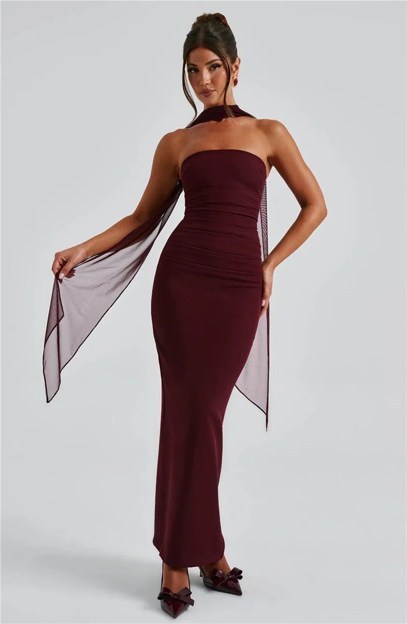 Scarf Collar Strapless Sexy Maxi Dress For Women Fashion Off-shoulder Backless Bodycon Club Party Long Dress Elegant