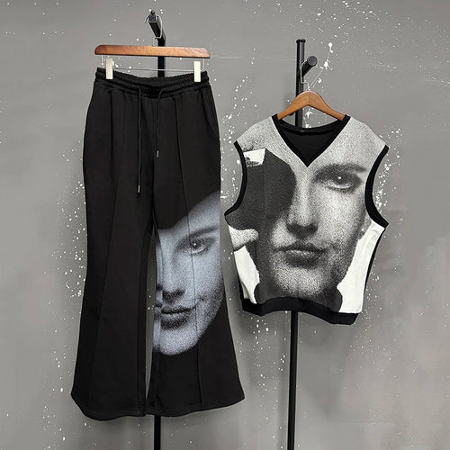 Load image into Gallery viewer, Fashion Men&#39;s Wear Two-piece Set Face Printing Trendy V-neck Sleeveless Vest Wide Leg Front Pleated Line Design 9C9233
