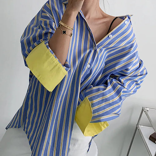Load image into Gallery viewer, Straight Fashion Shirt For Women Lapel Long Sleeve Striped Colorblock Button Through Blouse Female Clothing Style
