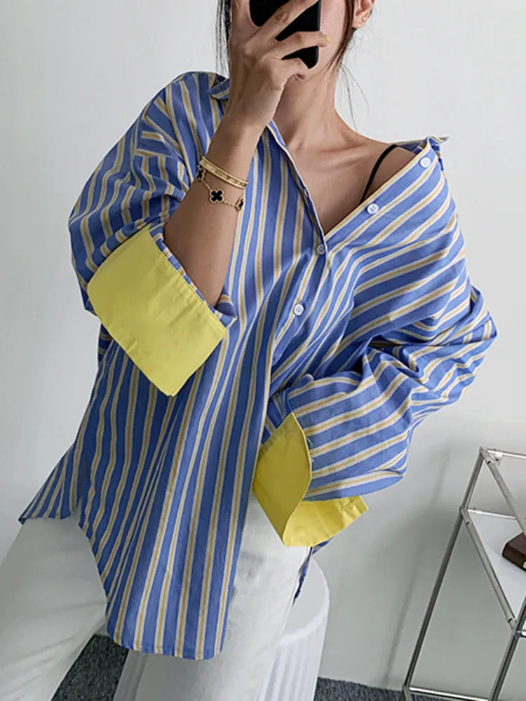 Straight Fashion Shirt For Women Lapel Long Sleeve Striped Colorblock Button Through Blouse Female Clothing Style