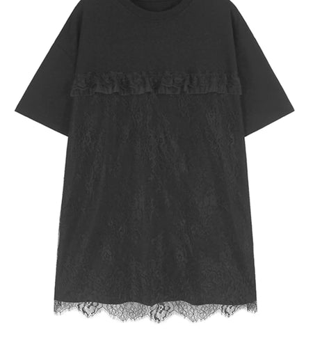 Women Black Lace Spliced Elegant Big Size Long T-shirt New Round Neck Short Sleeve Fashion Tide Spring Summer 2025 1DJ0585