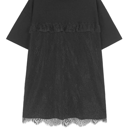 Load image into Gallery viewer, Women Black Lace Spliced Elegant Big Size Long T-shirt New Round Neck Short Sleeve Fashion Tide Spring Summer 2025 1DJ0585
