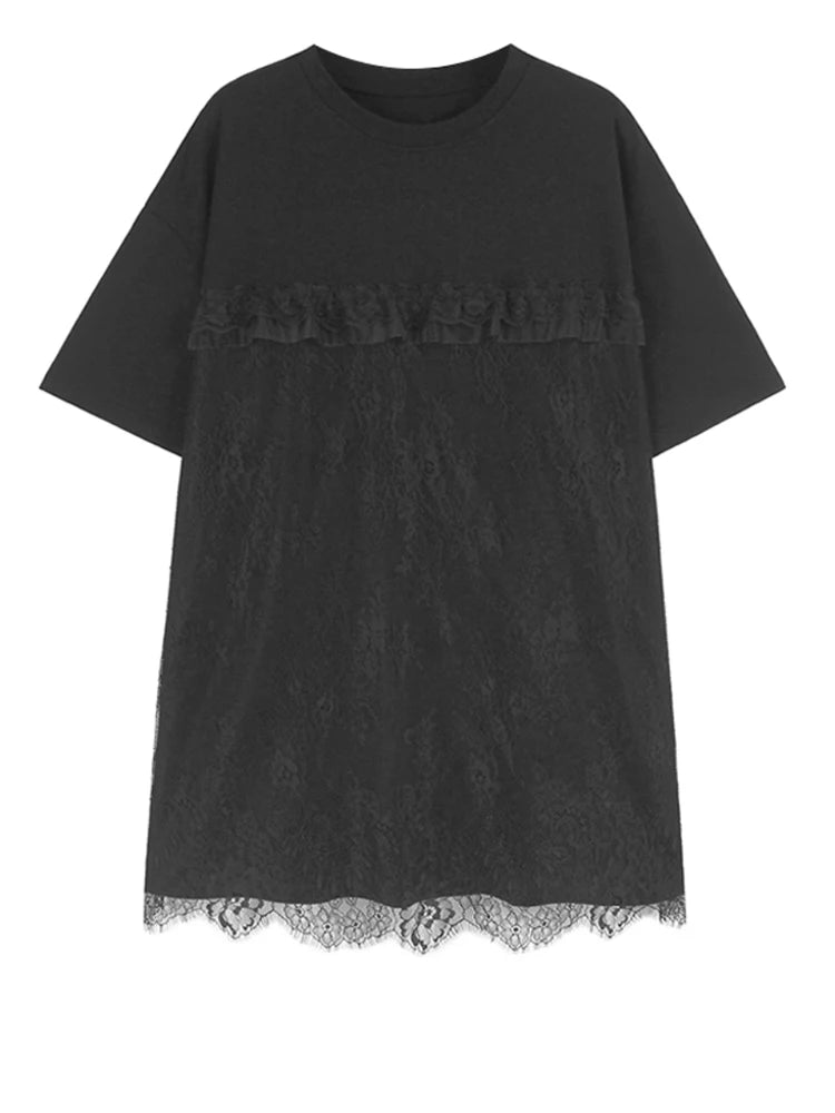 Women Black Lace Spliced Elegant Big Size Long T-shirt New Round Neck Short Sleeve Fashion Tide Spring Summer 2025 1DJ0585