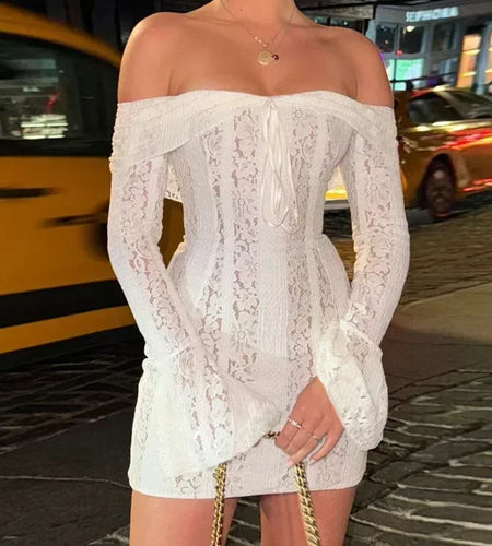 Lace Slim Mini Dress for Women Off The Shoulder Sexy Long Sleeves Club Party Dresses Bodycon Elegant Autumn Dress