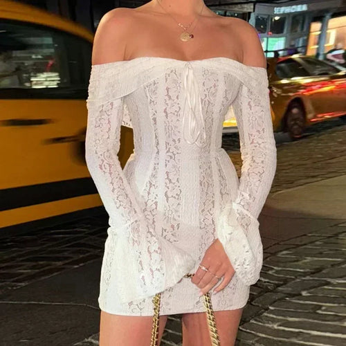 Load image into Gallery viewer, Lace Slim Mini Dress for Women Off The Shoulder Sexy Long Sleeves Club Party Dresses Bodycon Elegant Autumn Dress
