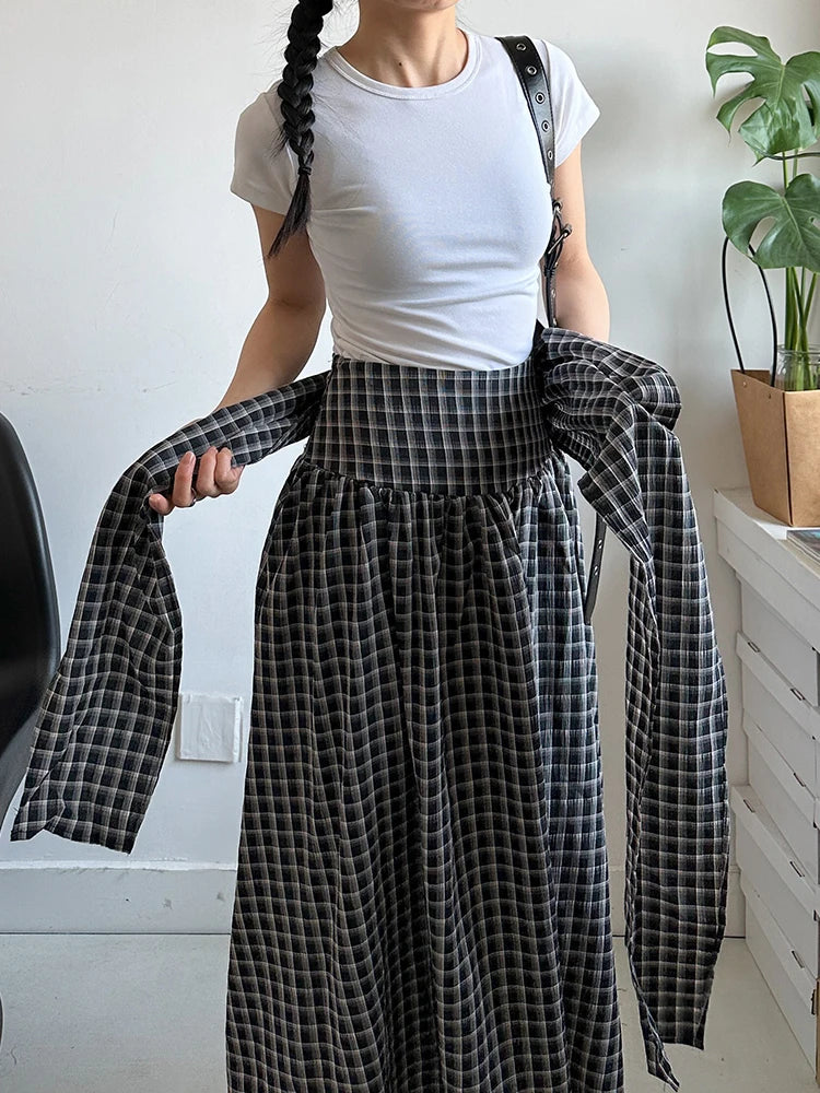High Waist Black Plaid Bandage Side Zipper A-line Half-body Skirt Women Fashion Tide New Spring Autumn 2025 1DJ1178