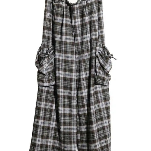 Load image into Gallery viewer, High Elastic Waist Gray Plaid Big Pocket Long Casual Pants New Trousers Women Fashion Tide Spring Autumn 2025 1DH8256
