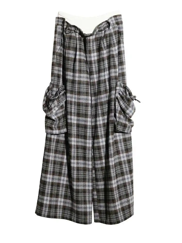 High Elastic Waist Gray Plaid Big Pocket Long Casual Pants New Trousers Women Fashion Tide Spring Autumn 2025 1DH8256