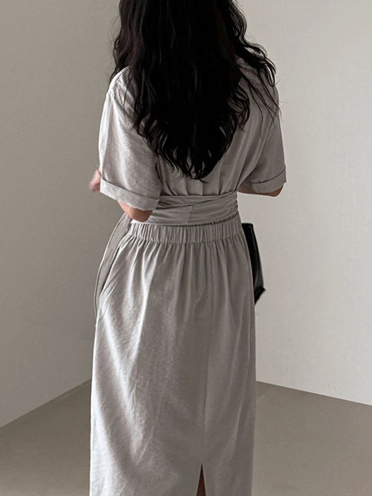 Women Navy Blue Cross Bandage Big Size Elegant Midi Dress New Round Neck Short Sleeve Fashion Spring Summer 2025 1DJ1359