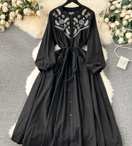 French Vintage Women Autumn Embroidery Elegant Long Sleeve Dress Ladies Round Neck Single Breasted Lace-up Party Dress Bohemian