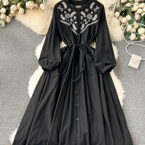 Load image into Gallery viewer, French Vintage Women Autumn Embroidery Elegant Long Sleeve Dress Ladies Round Neck Single Breasted Lace-up Party Dress Bohemian
