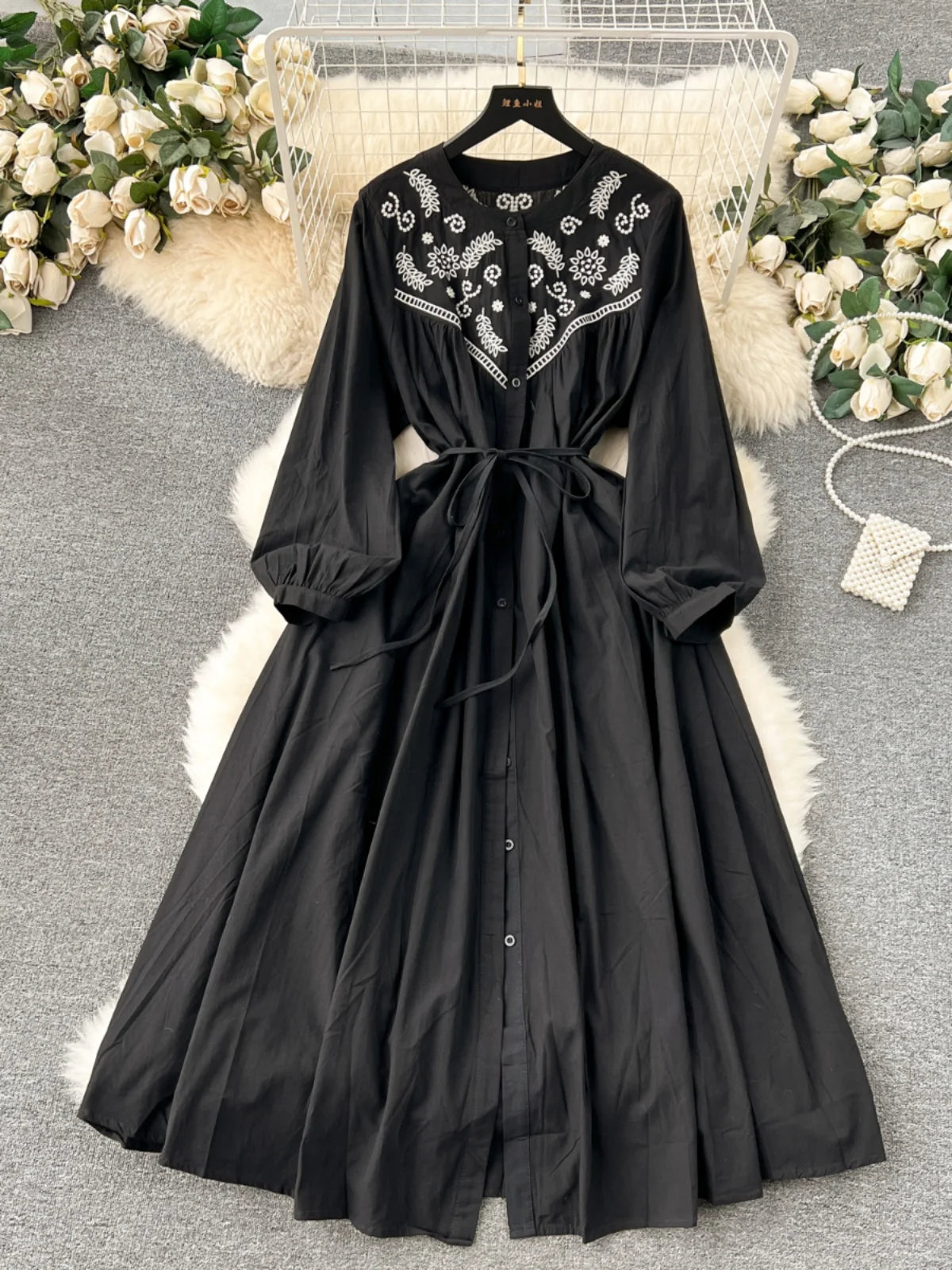 French Vintage Women Autumn Embroidery Elegant Long Sleeve Dress Ladies Round Neck Single Breasted Lace-up Party Dress Bohemian