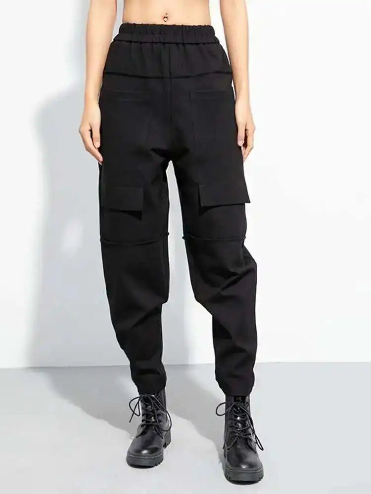 High Elastic Waist Black Big Pocket Long Casual Harem Pants New Trousers Women Fashion Tide Spring Autumn 2025 1DH5065