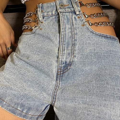 Load image into Gallery viewer, Denim Cut Out Patchwork Chain Short Pants For Women High Waist Sexy Solid Shorts Female Summer Clothing Fashion
