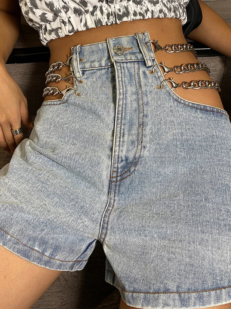 Denim Cut Out Patchwork Chain Short Pants For Women High Waist Sexy Solid Shorts Female Summer Clothing Fashion