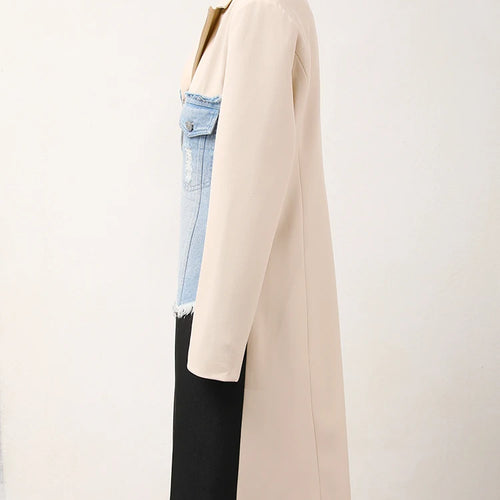 Load image into Gallery viewer, Women Beige Denim Color-block Long Elegant Blazer New Lapel Long Sleeve Jacket Fashion Tide Spring Autumn 2025 CPDB132
