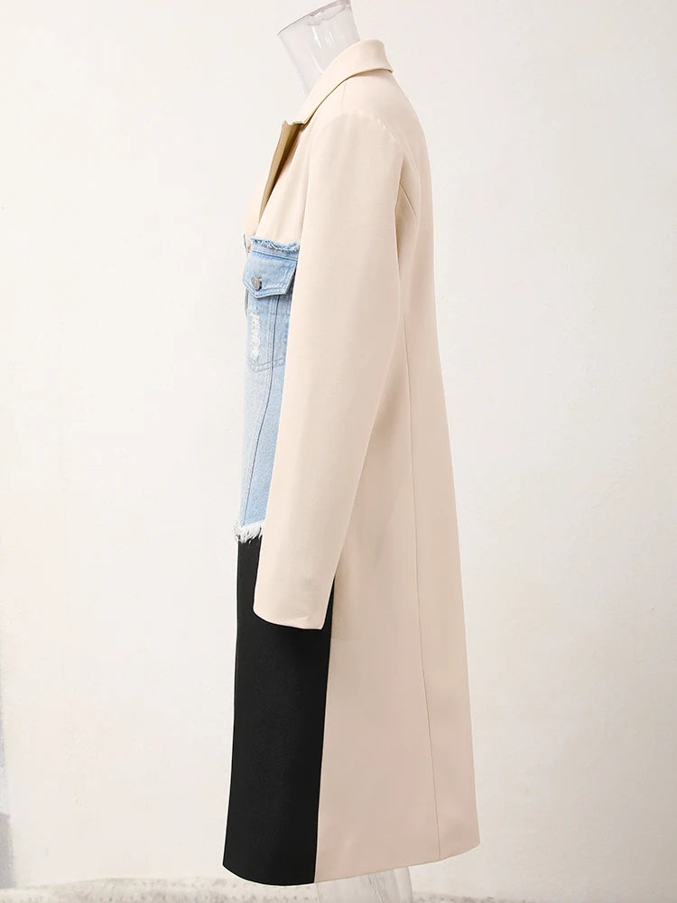 Women Beige Denim Color-block Long Elegant Blazer New Lapel Long Sleeve Jacket Fashion Tide Spring Autumn 2025 CPDB132