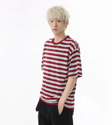Men's Short Sleeve T-shirts New American Stripe Contrast Fashion Round Neck Male Loose Clothing Trendy Tees Casual 9W1598