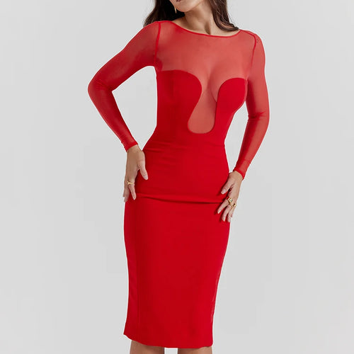 Load image into Gallery viewer, Sexy Mesh Patchwork Christmas Red Dress Women Long Sleeve Bodycon Perspective Evening Dress Elegant Party Club Vestidos
