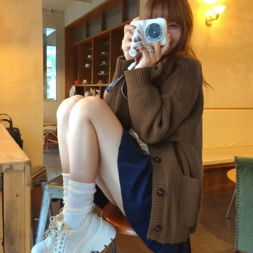 Load image into Gallery viewer, Autumn Sweet Y2k Aesthetic Casual Knitted Cardigans 2025 Grunge Gentle Solid All Match Tops Harajuku Loose V Neck Sweater Women
