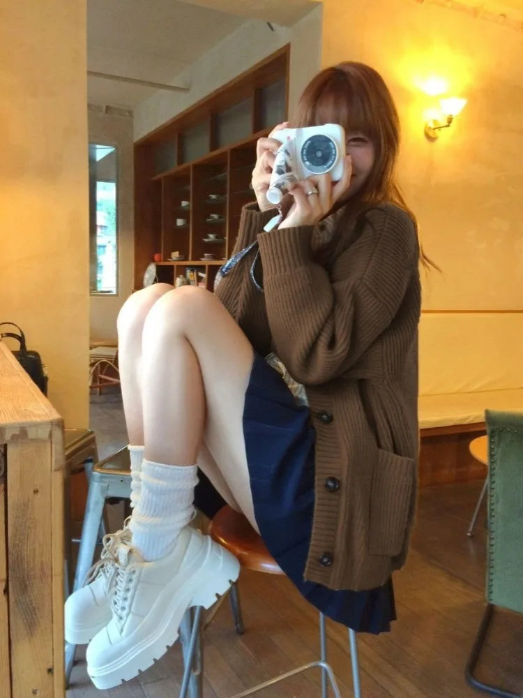 Autumn Sweet Y2k Aesthetic Casual Knitted Cardigans 2025 Grunge Gentle Solid All Match Tops Harajuku Loose V Neck Sweater Women