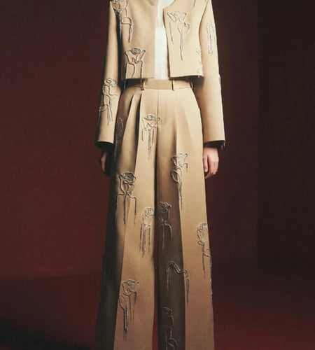 Solid Spliced Embroidery Two Piece Sets for Women Round Neck Long Sleeves Top High Waist Wide Leg Pant Set Female