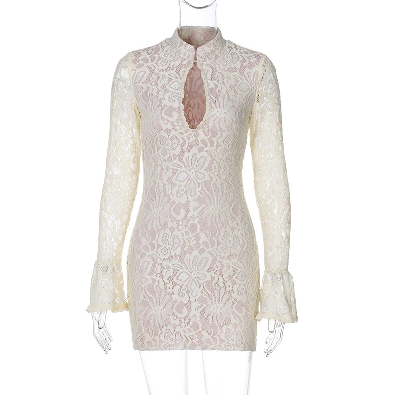 Lace Hollow Out Long Sleeve Sexy Mini Dress For Women Fashion Half High Collar Bodycon Club Party Dress Elegant Dresses