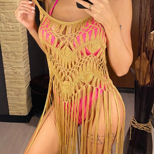 Load image into Gallery viewer, 3 Colors Hollow Out Fringe Tassel Knitted Crochet Tunic Beach Cover Up Cover-ups Beach Dress Beach Wear Beachwear Female V3847
