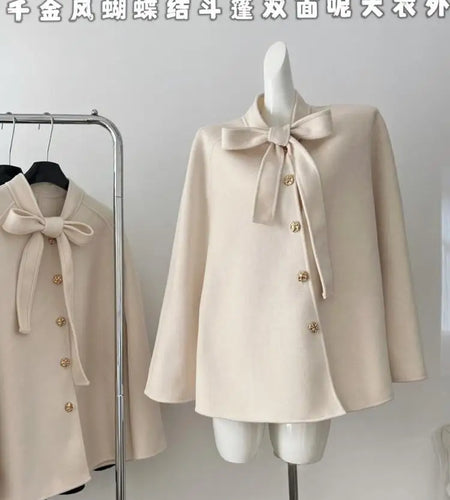 Korean Women's Beige Black Loose Woolen Coat Fashion Grey Single Breasted Long Sleeve Bow Lace-up Jacket 2024 Autumn Winter Chic