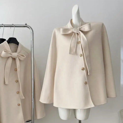 Load image into Gallery viewer, Korean Women's Beige Black Loose Woolen Coat Fashion Grey Single Breasted Long Sleeve Bow Lace-up Jacket 2024 Autumn Winter Chic
