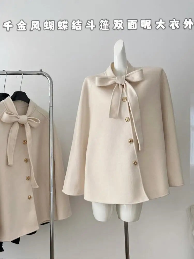 Korean Women's Beige Black Loose Woolen Coat Fashion Grey Single Breasted Long Sleeve Bow Lace-up Jacket 2024 Autumn Winter Chic