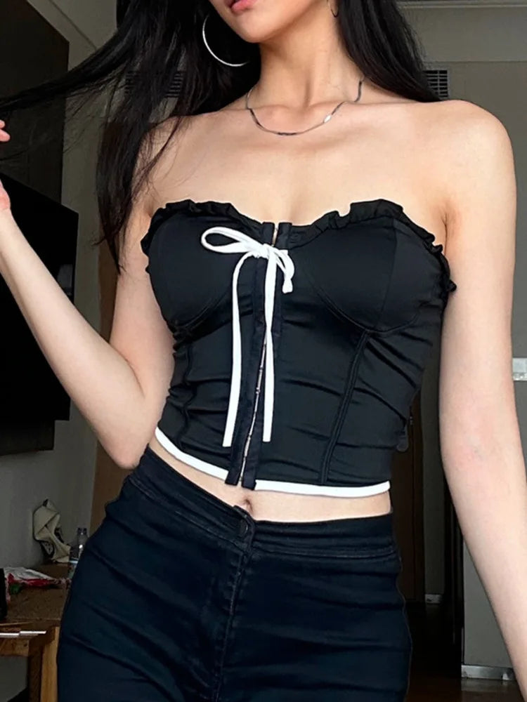 Sexy Strapless Tight Ruffled Women's Vest 2025 Spring/summer New Sexy Lace Up Backless Female Slim Tank Top
