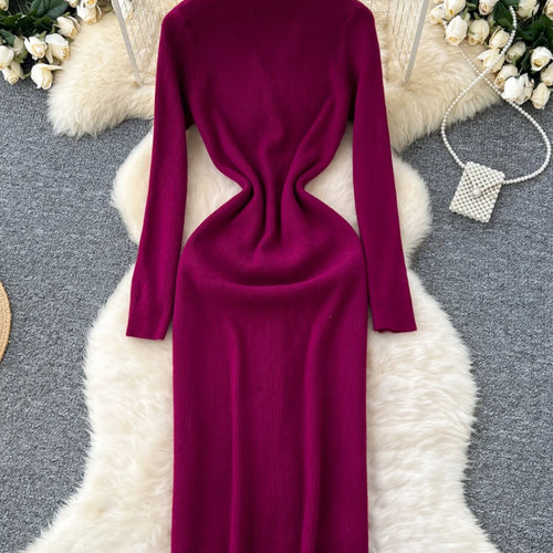 Load image into Gallery viewer, Korean Women Solid V-neck Single Breasted Festival Dresses Autumn Winter Slim Long Sleeve Office Knitted Dress Ladies Simplicity
