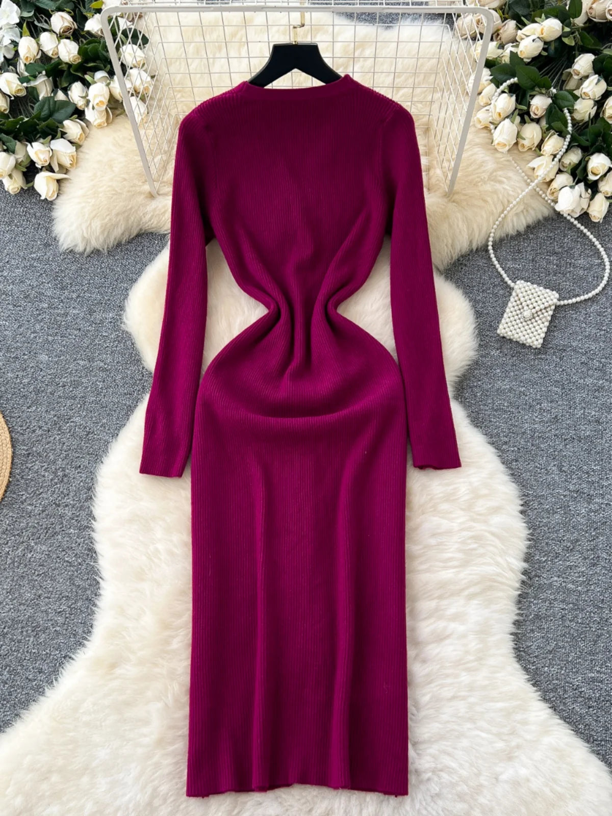 Korean Women Solid V-neck Single Breasted Festival Dresses Autumn Winter Slim Long Sleeve Office Knitted Dress Ladies Simplicity