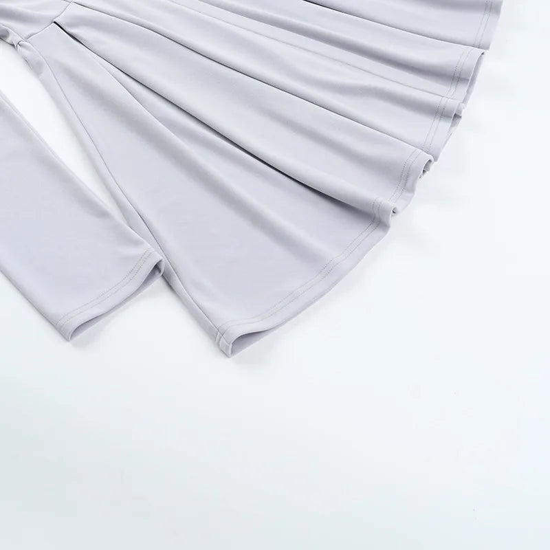 Gray Long Sleeve Sexy Mini Dress Women Solid V Neck High Waist A-line Club Party Pleated Sexy Dress Elegant Clubwear