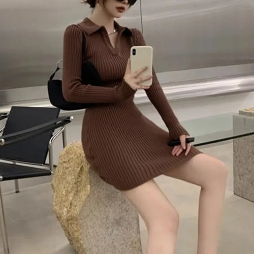 Load image into Gallery viewer, Vintage Knit Knitted Bodycon Sweater Dress Women Casual Polo Slim Skinny Wrap Mini Short Dresses Autumn Winter New In
