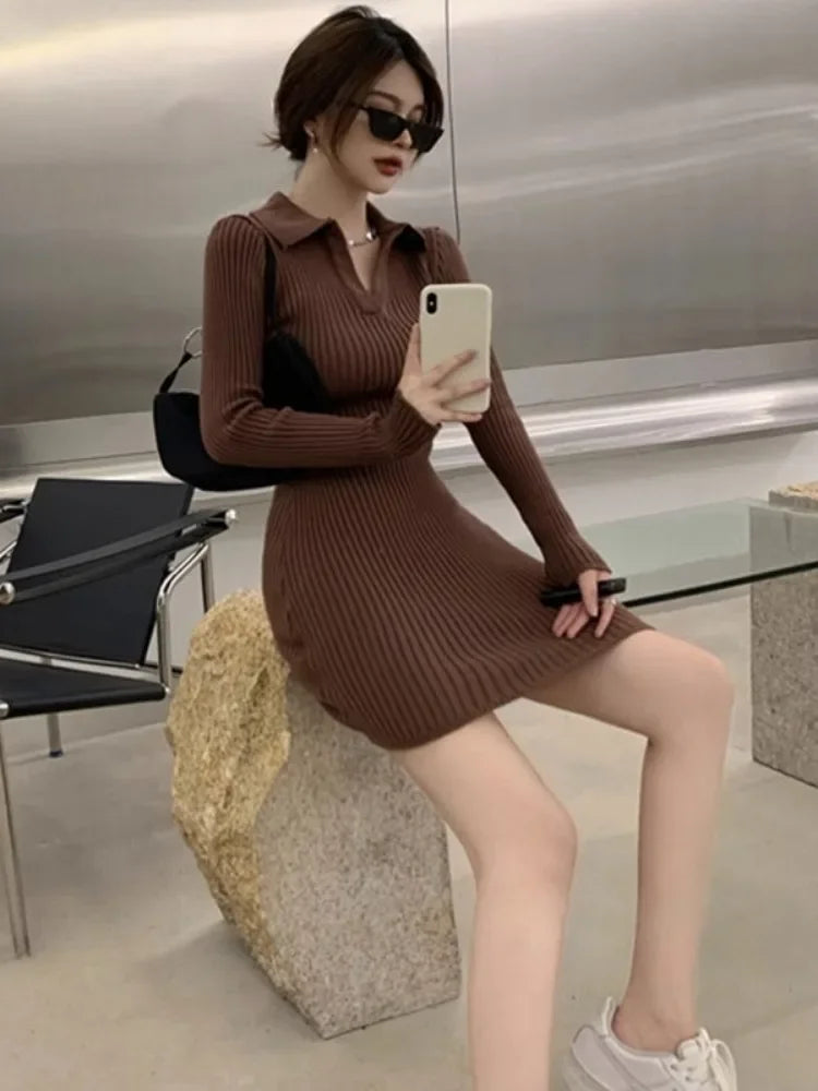 Vintage Knit Knitted Bodycon Sweater Dress Women Casual Polo Slim Skinny Wrap Mini Short Dresses Autumn Winter New In