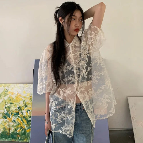 Load image into Gallery viewer, Summer Korean Fashion Lace Shirts Short Sleeve See Through Mesh Blouses Japanese Style Designer Clothes Fairycore Kawaii
