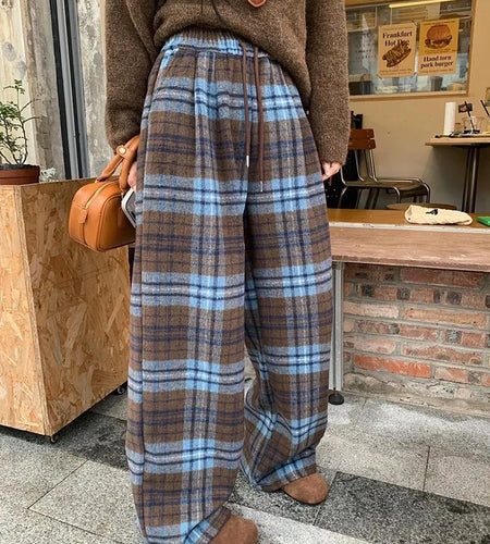 Retro Blue Plaid Drawstring Lace-up Wide Leg Pant Autumn Winter High Waist Loose Pleated Straight Trousers Streetwear Casual Y2k