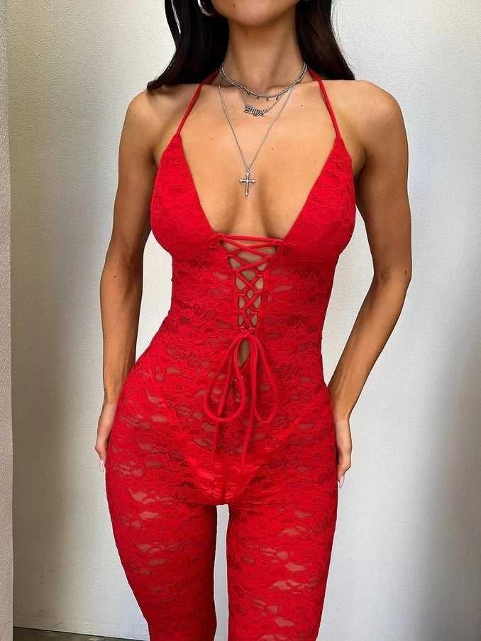Sexy Lace Hollow Out Jumpsuit for Women, Backless, Tight, Transparent, Slim Fit, Nightclub, Party, Nightclub, 2024