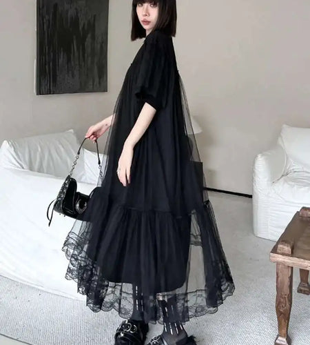 Women Black Mesh Spliced  Elegant Big Size Midi Dress New Round Neck Short Sleeve Fashion Tide Spring Summer 2025 1DH5056