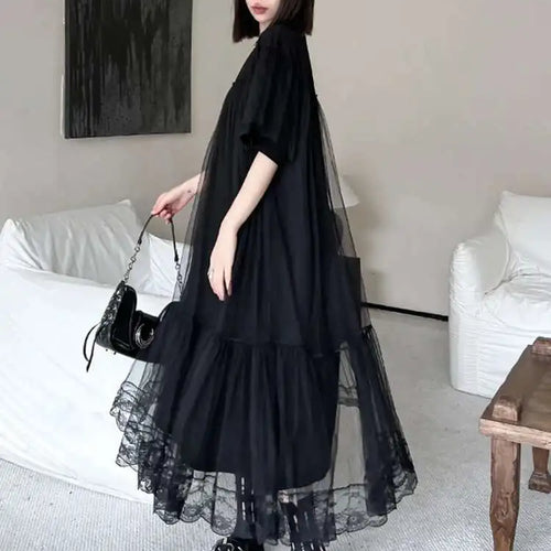 Load image into Gallery viewer, Women Black Mesh Spliced  Elegant Big Size Midi Dress New Round Neck Short Sleeve Fashion Tide Spring Summer 2025 1DH5056

