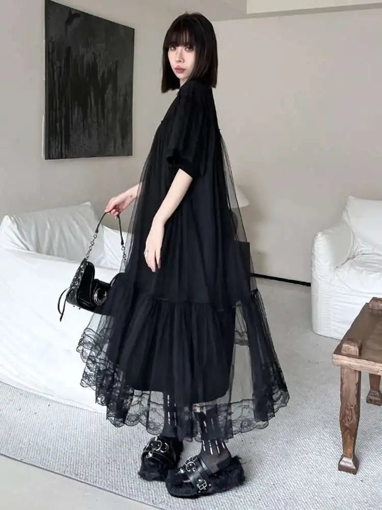 Women Black Mesh Spliced  Elegant Big Size Midi Dress New Round Neck Short Sleeve Fashion Tide Spring Summer 2025 1DH5056