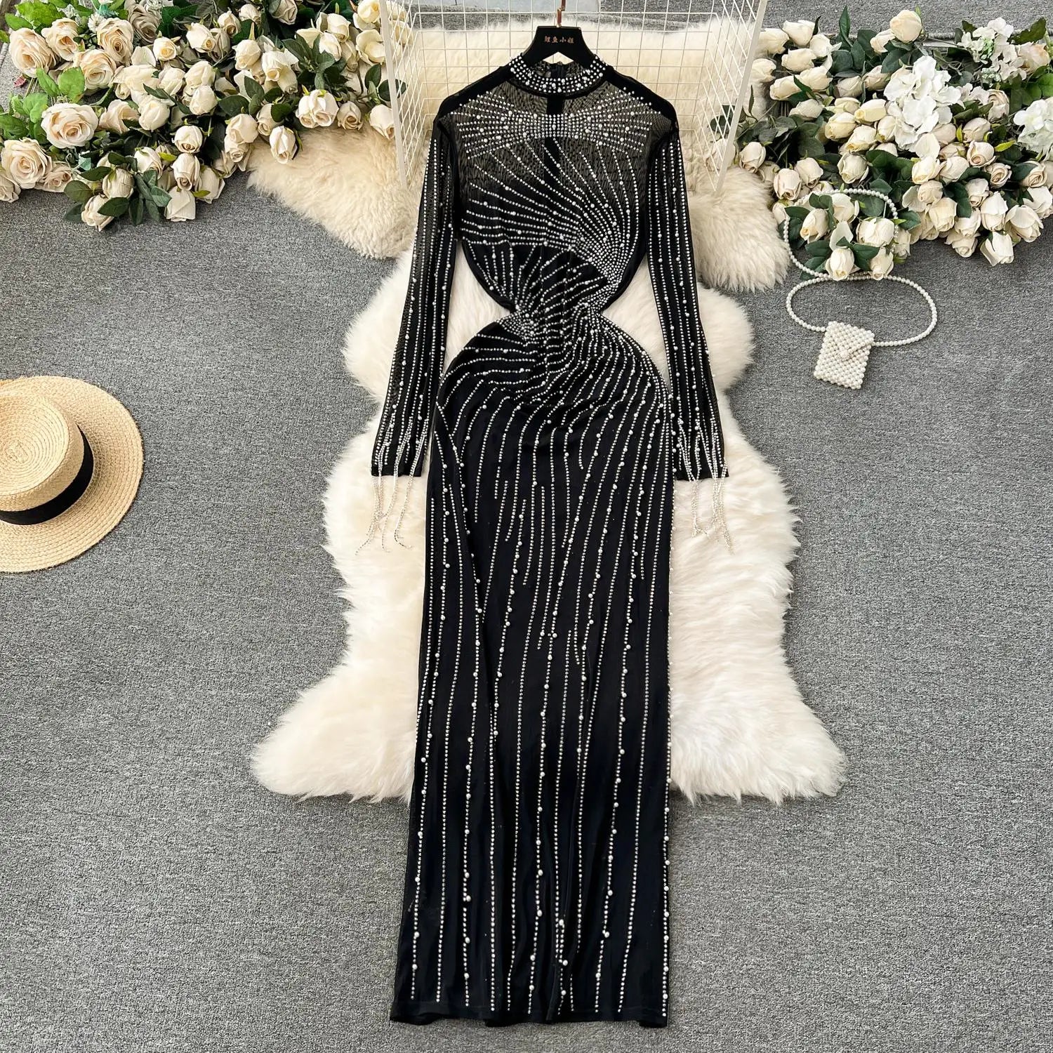 Women Black Mesh Tassel Long Sleeve Diamonds Bodycon Long Dresses Autumn Vintage Elegant Birthday Party Evening Dress French New