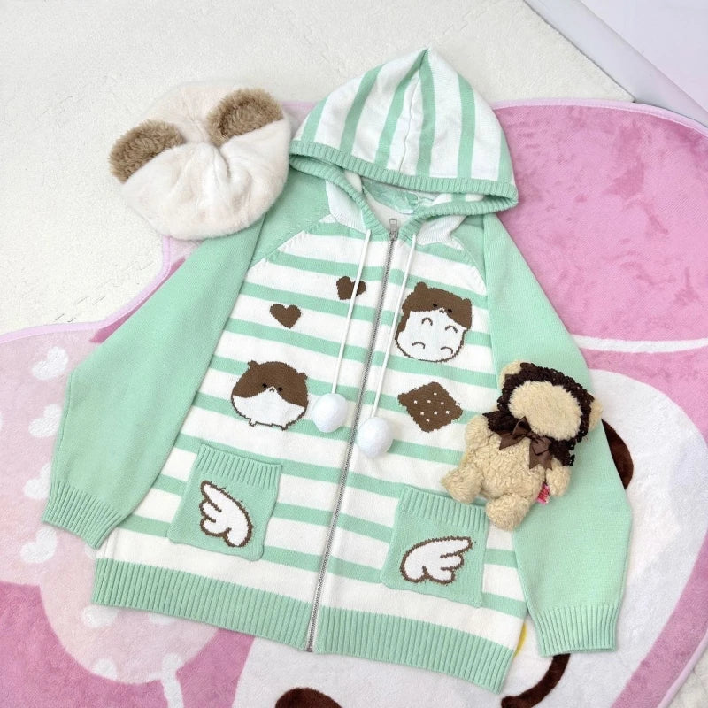 Harajuku Knitted Stripe Hooded Cardigan Women Y2k Aesthetic Cartoon Jacquard Casual Loose Sweater Grunge Vintage Drawstring Tops