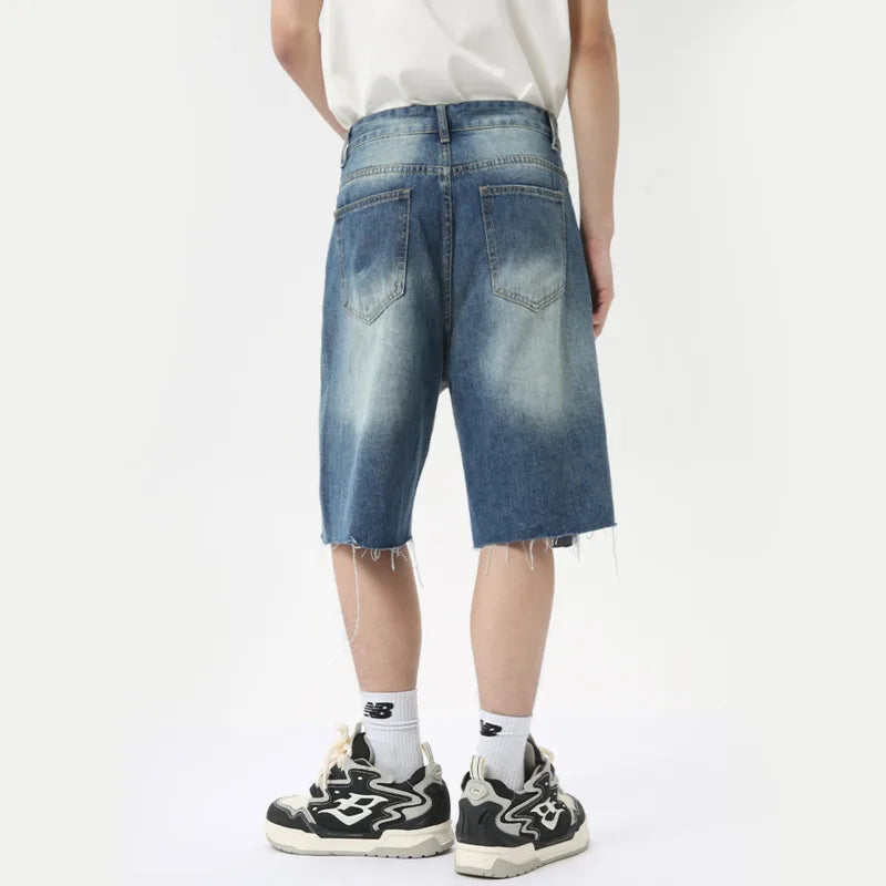 American Style Men's Denim Shorts Casual Worn-out Straight Male Trousers Wide Leg Loose Bottom Trend Summer 9C6318