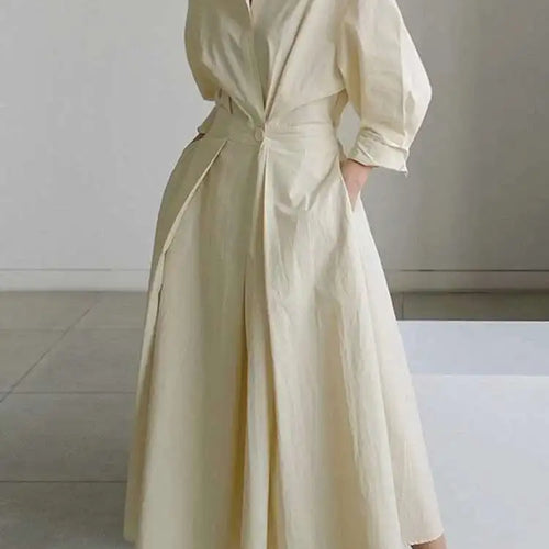 Load image into Gallery viewer, Women Beige Pleated Long Big Size Elegant Dress New Lapel Long Sleeve Loose Fit Fashion Tide Spring Autumn 2025 1DE91400
